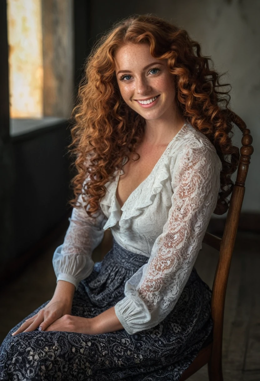 HDR photo of woman, spiral curls, long auburn hair, (freckles:0.6), beautiful low cut blouse, long skirt, sitting on a chair in a dark room, amazing smile, perfect eyes . High dynamic range, vivid, rich details, clear shadows and highlights, realistic, intense, enhanced contrast, highly detailed