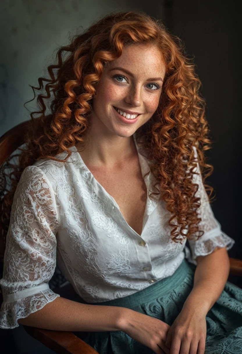 HDR photo of woman, spiral curls, long auburn hair, (freckles:0.6), beautiful low cut blouse, long skirt, sitting on a chair in a dark room, amazing smile, perfect eyes . High dynamic range, vivid, rich details, clear shadows and highlights, realistic, intense, enhanced contrast, highly detailed