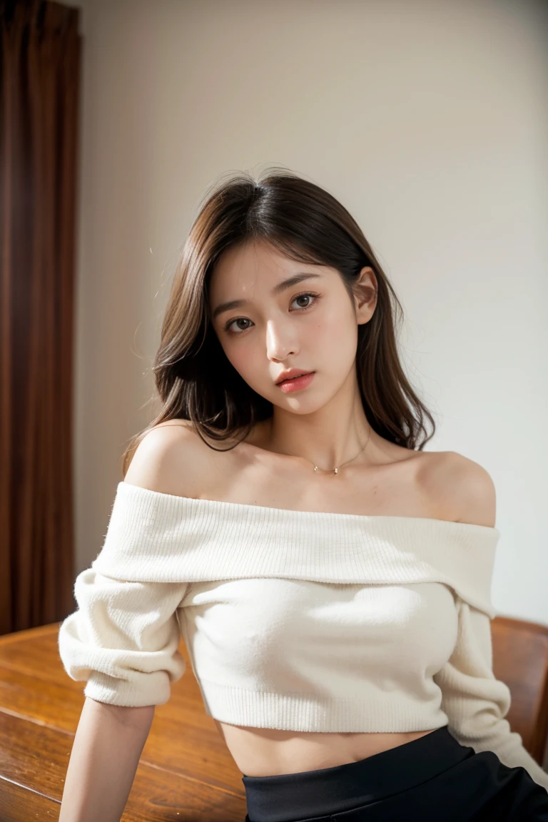 Urzan-6500-v1.1, (RAW Photos:1.2), (Realistic:1.4), 美しい詳細な女性 Very detailed eyes and face, Beautiful and exquisite, Ridiculous, 信じられないほどRidiculous, Huge file sizes, Very detailed, High resolution, Very detailed, Highest quality, Tabletop, ((off-the-shoulder white shirt)), shape, Very detailed, Hmph, Unified, 8k wallpaper, wonderful, Finer details, Tabletop, Highest quality, Highly detailed Hmph unity 8k wallpaper, Face Light, Cinema Lighting, One Girl, 16 years old, ((Very detailed)), ((Dynamic pose))), (Camel Toe), (half),((Troubled face)),Black mini skirt,((Droopy eyes)),Leaning forward、Place your hand on your chest、belly button、