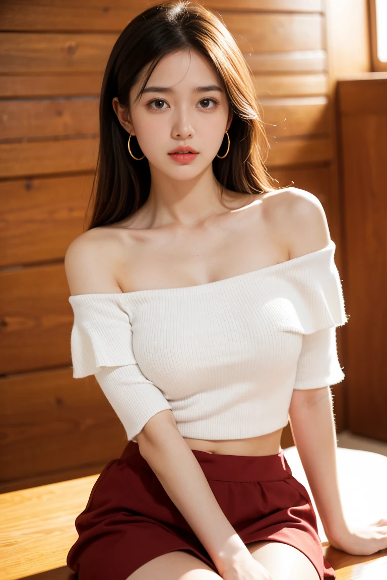 Urzan-6500-v1.1, (RAW Photos:1.2), (Realistic:1.4), 美しい詳細な女性 Very detailed eyes and face, Beautiful and exquisite, Ridiculous, 信じられないほどRidiculous, Huge file sizes, Very detailed, High resolution, Very detailed, Highest quality, Tabletop, ((off-the-shoulder white shirt)), shape, Very detailed, Hmph, Unified, 8k wallpaper, wonderful, Finer details, Tabletop, Highest quality, Highly detailed Hmph unity 8k wallpaper, Face Light, Cinema Lighting, One Girl, 16 years old, ((Very detailed)), ((Dynamic pose))), (Camel Toe), (half),((Troubled face)),Black mini skirt,((Droopy eyes)),Leaning forward、Place your hand on your chest、belly button、