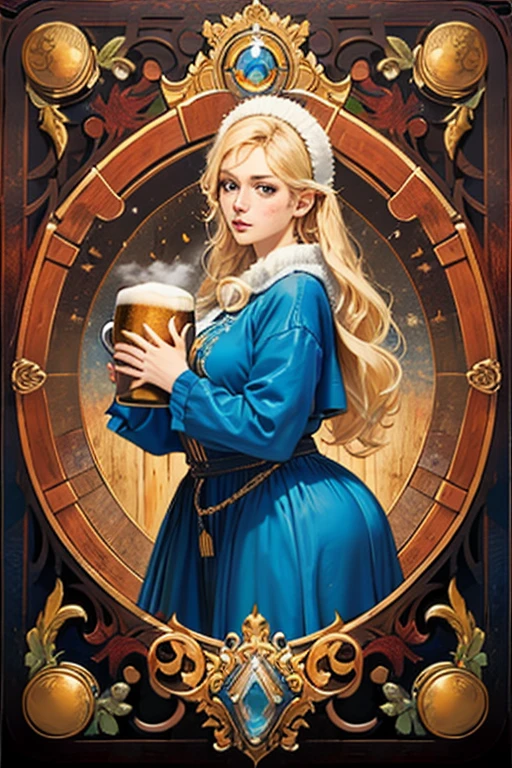 ((melhor qualidade)), ((Obra de arte)), (detalhado), goddess freya, beautiful woman, blonde, attractive, voluptuous woman, light eyes, short stature, freckles on her face, nordic clothes, holding a wooden mug with beer,