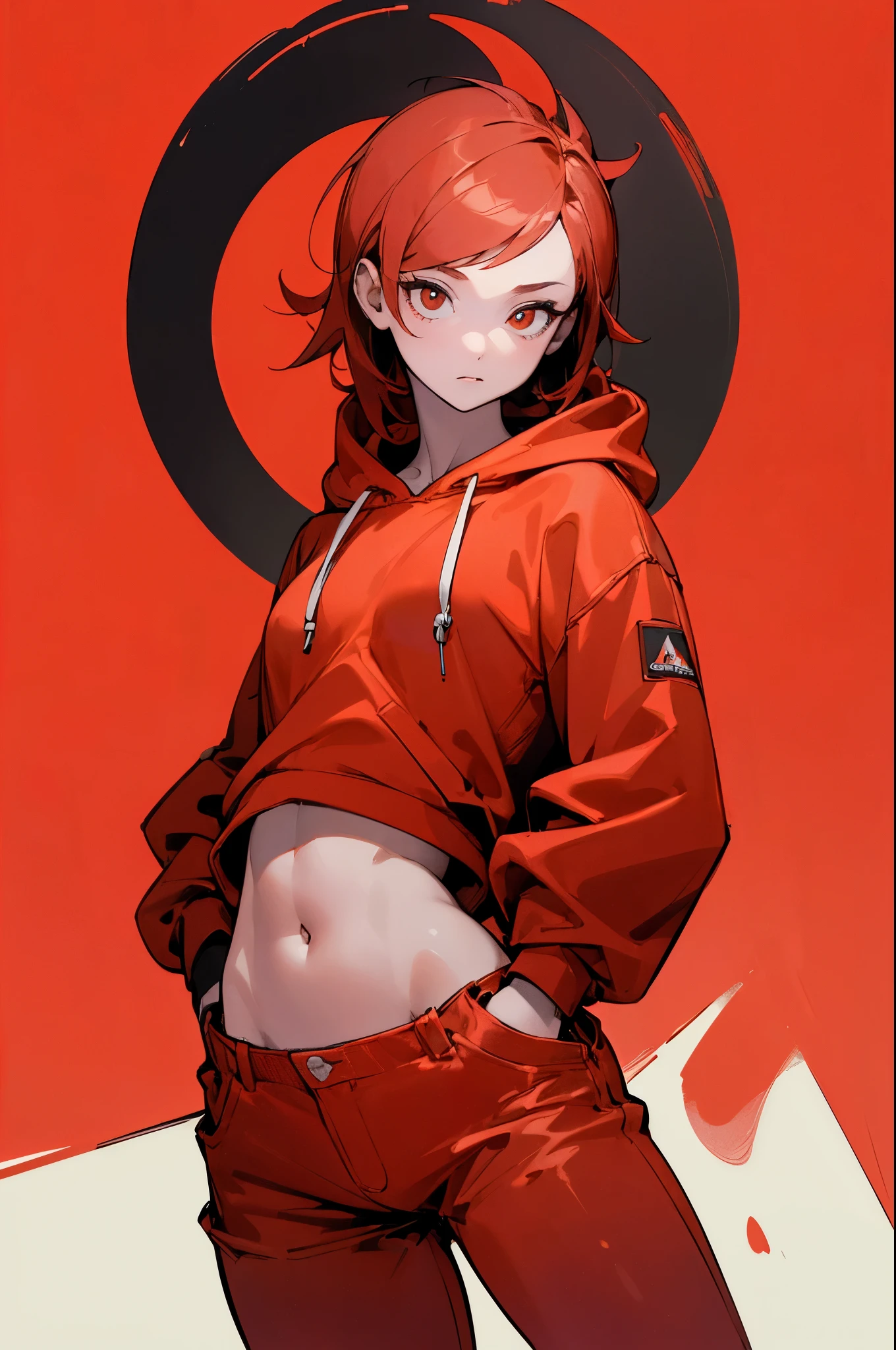 (masterpiece, highest quality:1.6), alone, thick outline, (simple background, bright red background, monochrome, bright red theme:1.2), official art, Key Visual, 8K, confused, whole body, (Unique hair, oversized hoodie, hot pants, arch back, short torso:1.2), belly button, thighs, cowboy shot, HDR, sharp focus, High resolution, most detailed, very detailed, Super detailed, finely, detailed eyes and face, sharp pupils, realistic student, alone, contrast between red and yellow, alone, hands in pockets
