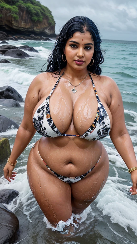 full body picture , BBW Wet curvy, wet Desi MOMMY showing her big ass  in sexy sexy thong cow pattern bikini and showing cleavage and in nose ring, many bangles in hands,earings, necklace ,lipstick ,navel,Indian, Chubby, showing her curves in sea water, sea waves , rocks