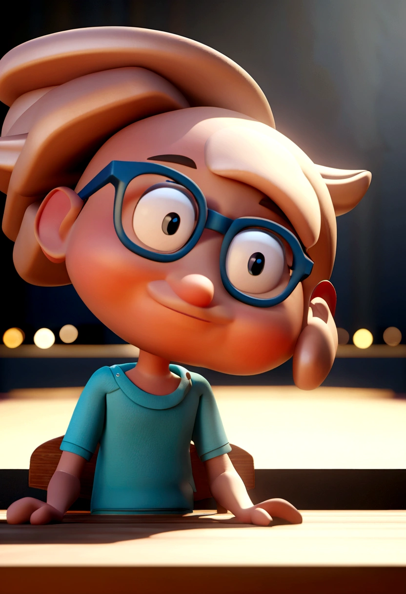 Cartoon character of a man in black glasses and blue shirt, an animated character, stylized character, animation style rendering, 3d stylized, Arnold Maya rendering, Stylized 3D rendering, toon render screenshot, 3d character, 3d character, Stylized 3D rendering, 3D character rendering, cartoon character, Personagem de close up, character posing, (Pixar-style) (master part:1.2) (bokeh) (best qualityer) (skin detailed) (detailed texture) (8K) (Argilla) (cinematic lighting) (sharp focus,Sit down and lift your upper body