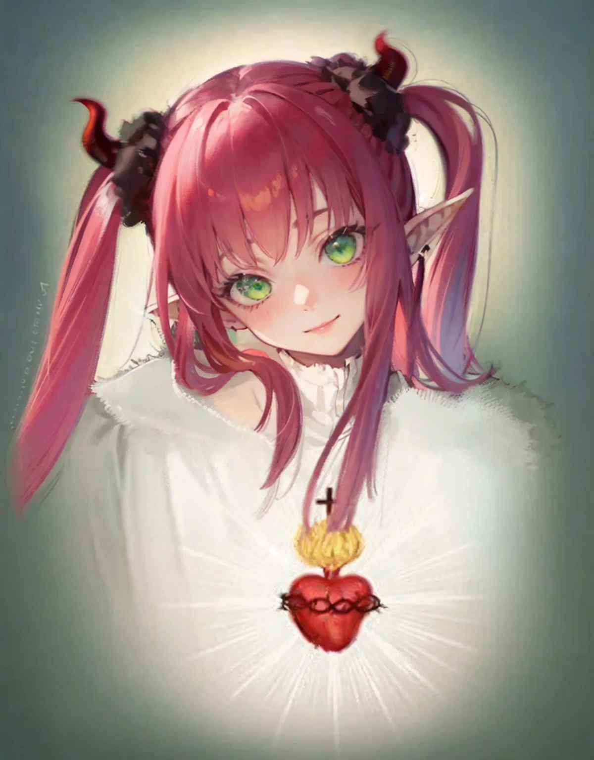 Holy card,saint card, front,white background, sunshine rays, Best quality, masterpiece, ultra high res, (photorealistic:1.4), raw photo, 1girl, white prayer mantle, holy card, bust shot, holy picture, sacred heart, rizu kyun cosplay, minimal background, holy card, succubus, pink hair pigtails, black horns, long ears, green eyes, front, smile