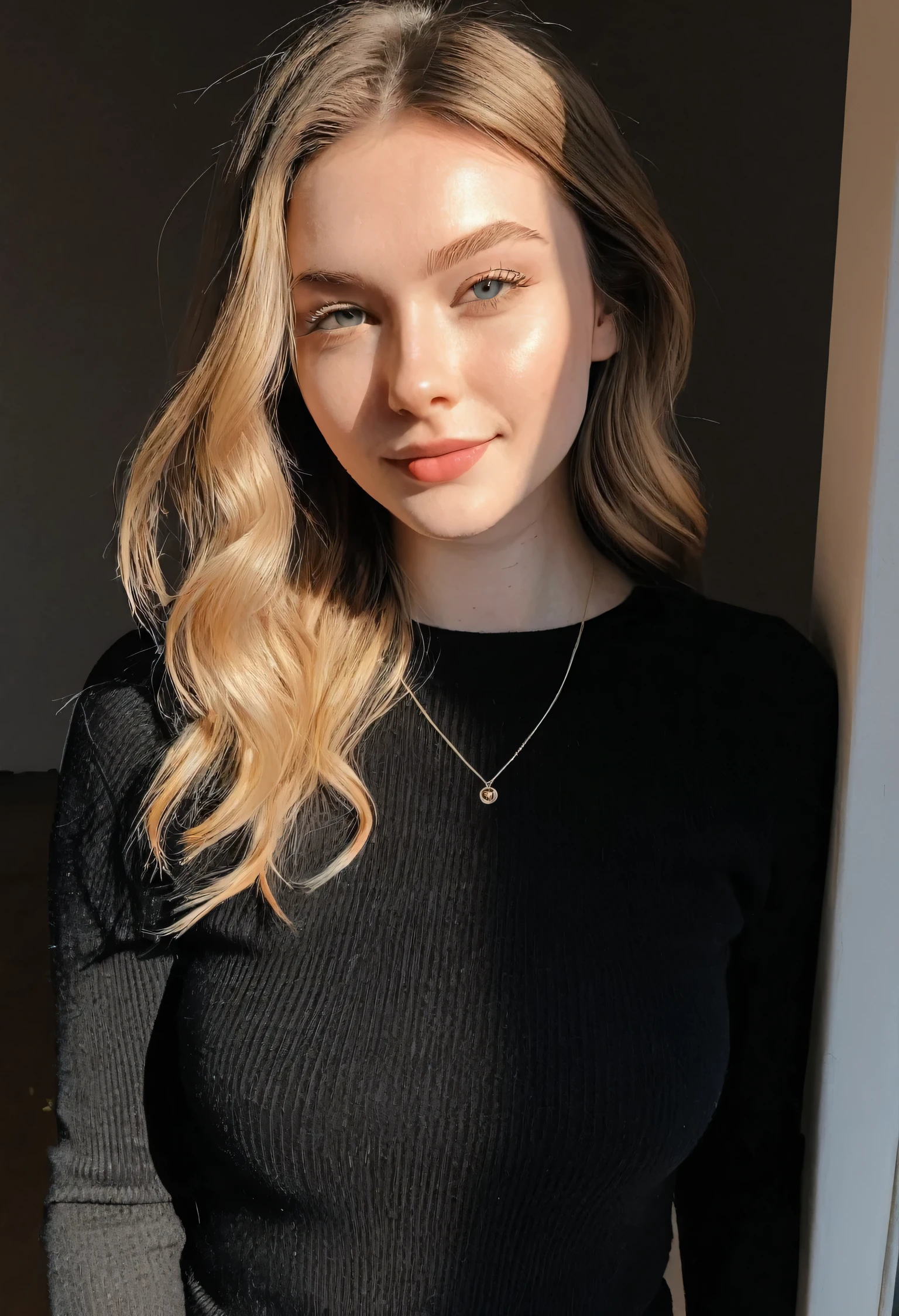 instagram photo, photo of 23 y.o Chloe in black sweater, cleavage, pale skin, (smile:0.4), hard shadows