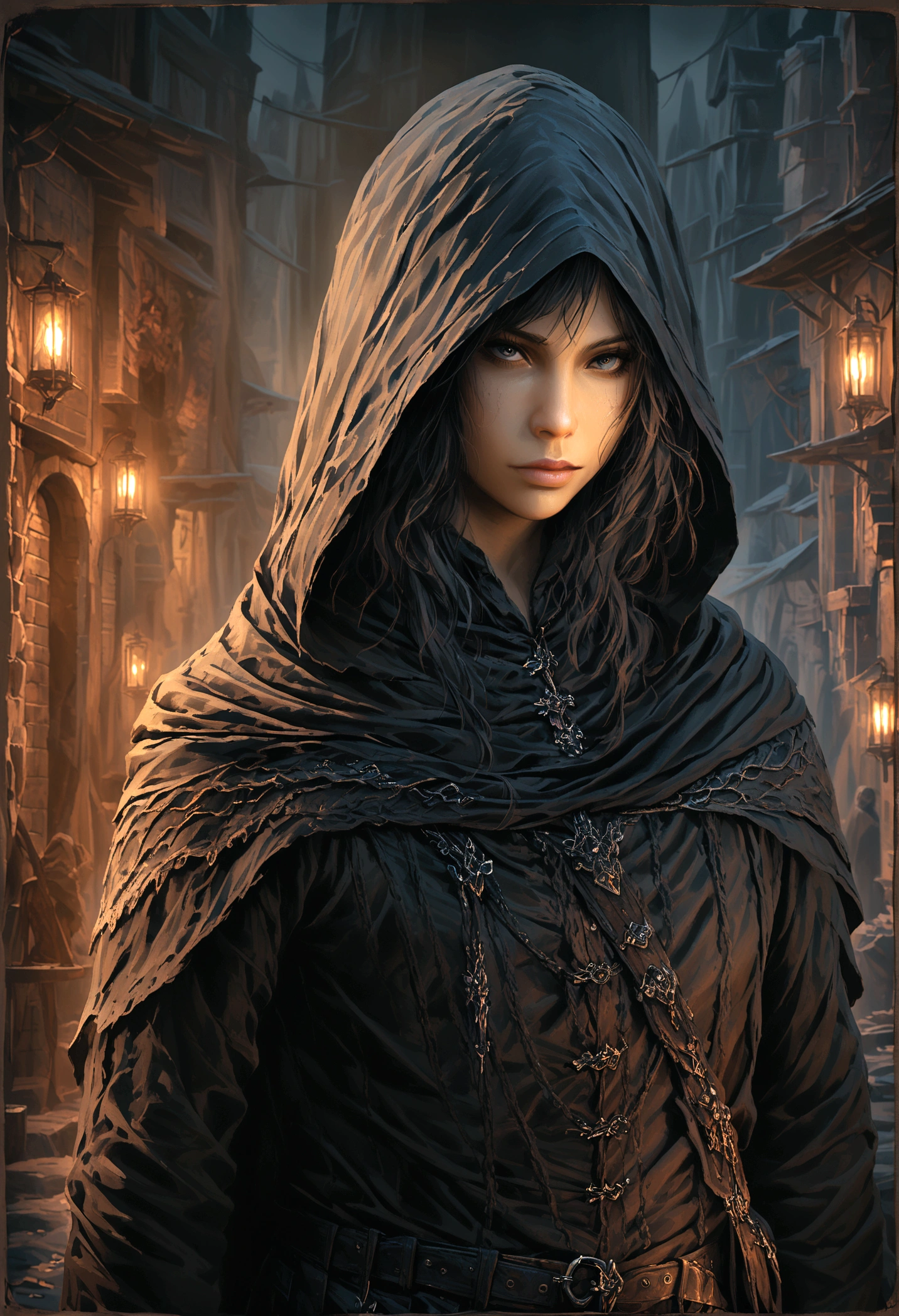 a hooded man in dark clothing, extremely detailed face, chiaroscuro lighting, moody atmosphere, dramatic lighting, intricate details, near photorealistic, cinematic composition, dark fantasy, muted color palette, strong contrast, high quality, 8k