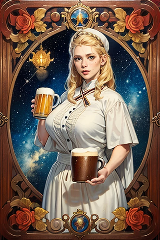 ((melhor qualidade)), ((Obra de arte)), (detalhado), goddess freya, beautiful woman, blonde, attractive, voluptuous woman, light eyes, short stature, freckles on her face, nordic clothes, holding a wooden mug with beer,
