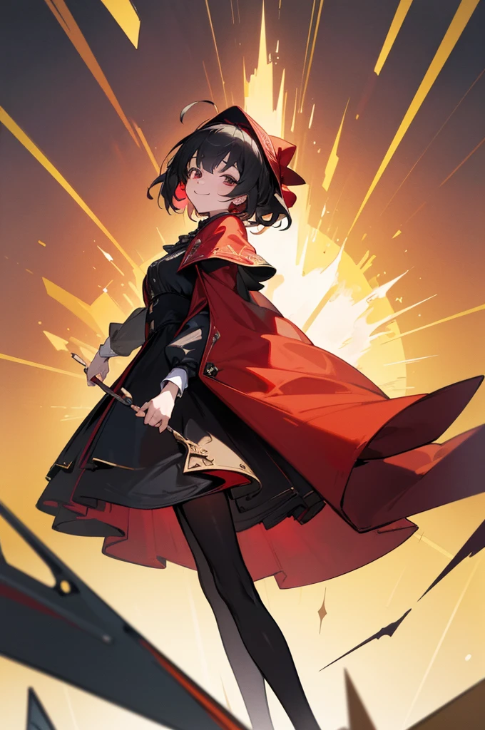 (disorganized, 8K, 4K, masterpiece, very detailed:1.2), ((masterpiece,highest quality)), disorganized, Ruby_ticker, alone, looking at the viewer, smile, Rubyローズ, black dress, long sleeve, red cloak, pantyhose,
