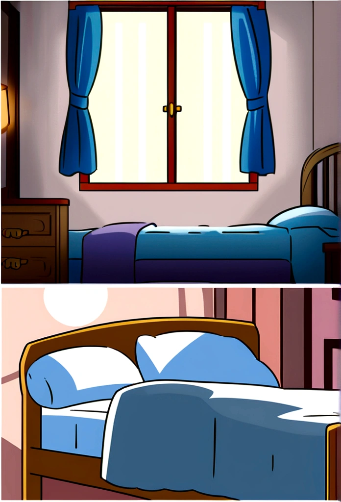create a girl's bedroom scene with bed and towel, window, Sun Ray, anime style, vector drawing, cartoon