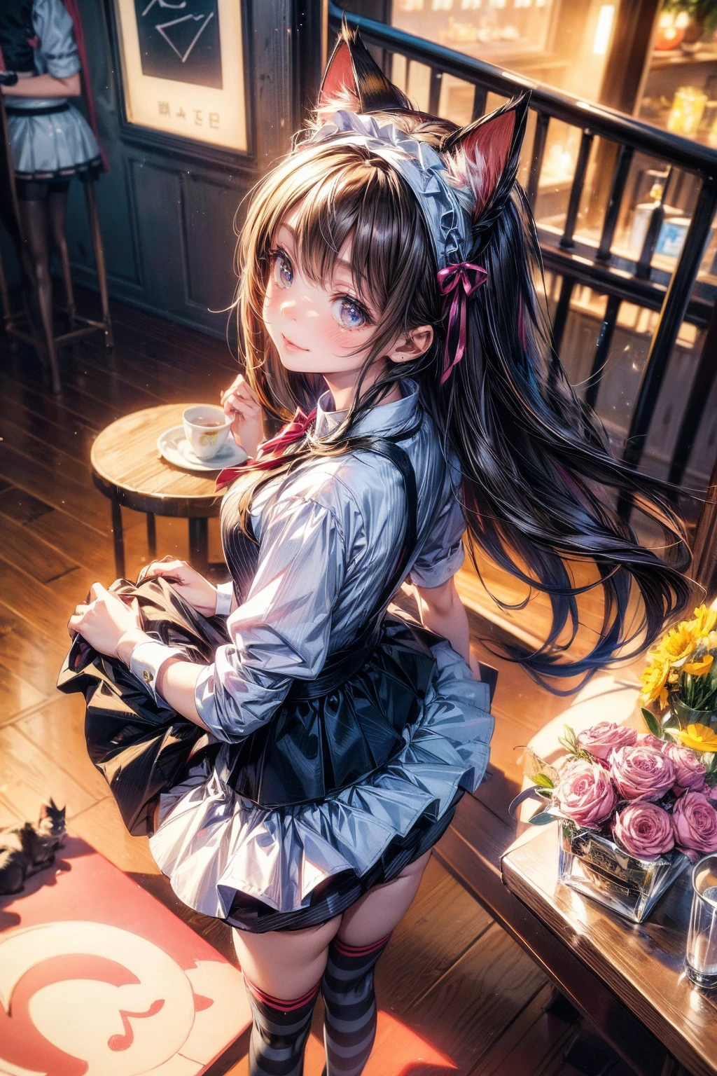 One Girl、Cat ears headband、Cat tail、Maid、Short skirt、Thigh-high socks、Striped pants、Highest quality、8K、Beautiful Face、Mischievous smile、Wink、View Viewer、Bright cafe
