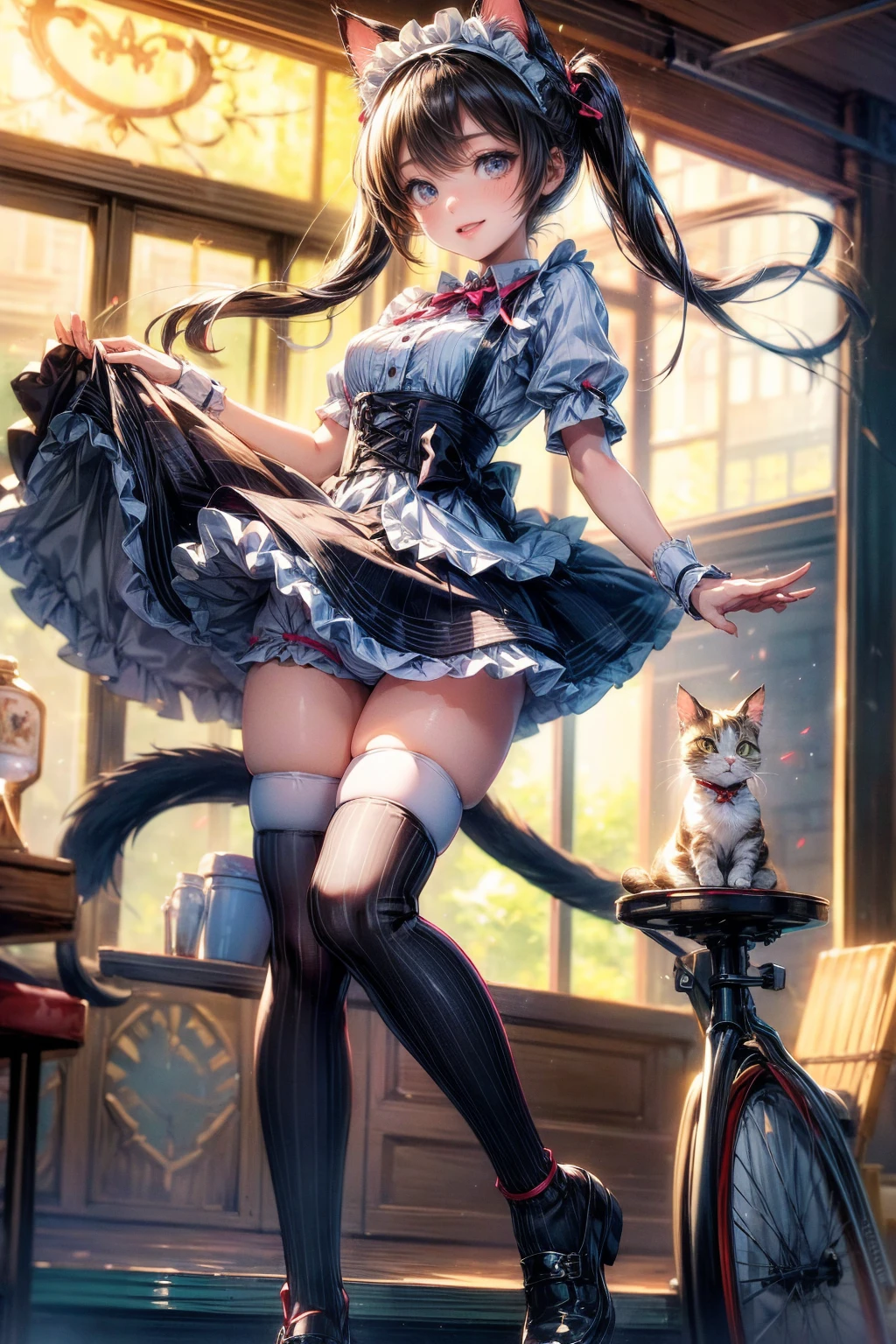 One Girl、Cat ears headband、Cat tail、Maid、Short skirt、Thigh-high socks、Striped pants、Highest quality、8K、Beautiful Face、Mischievous smile、Wink、View Viewer、Bright cafe