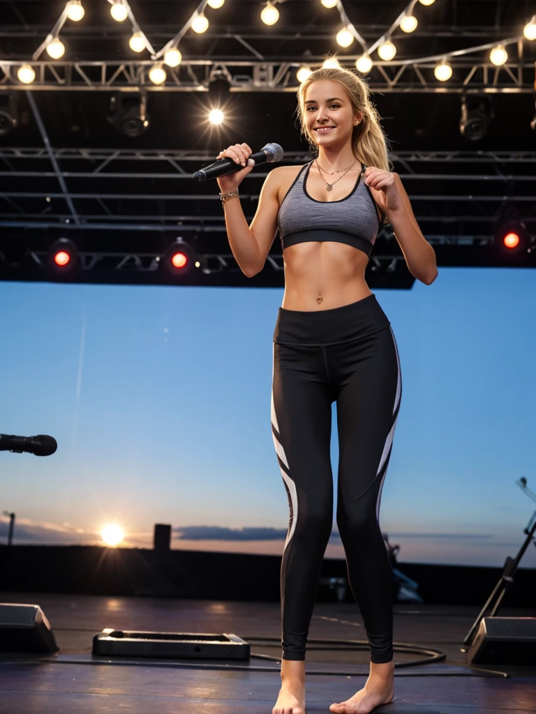 22year old woman on stage, holding microphone, barefoot, evening, outdoor, leggings, sports bra, blonde, skinny, fit, necklace