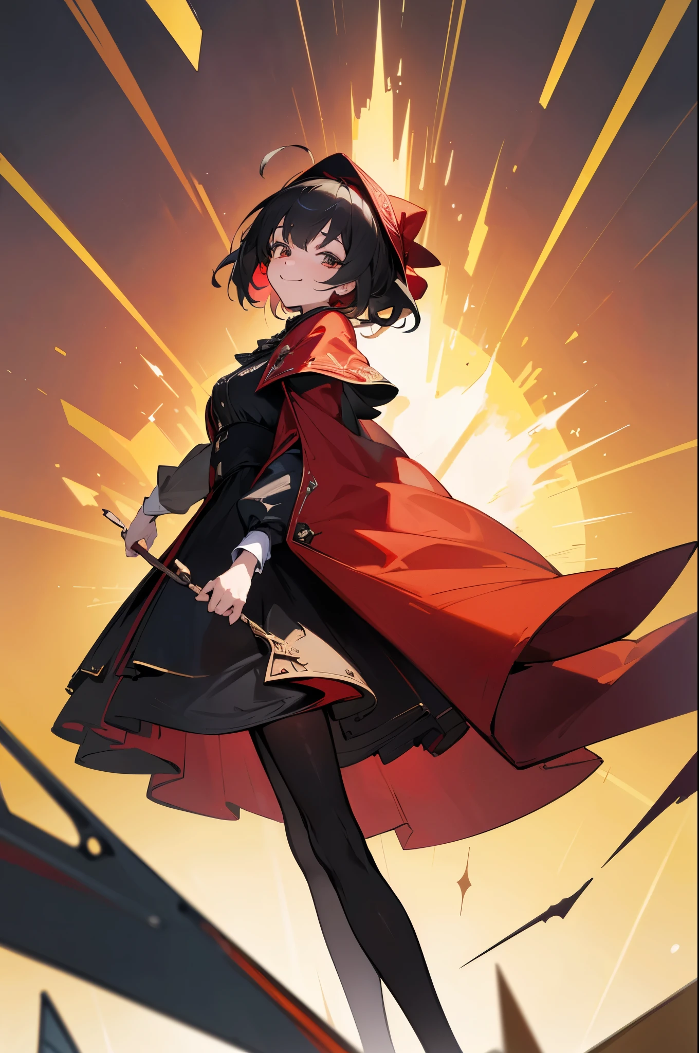 (disorganized, 8K, 4K, masterpiece, very detailed:1.2), ((masterpiece,highest quality)), disorganized, Ruby_ticker, alone, looking at the viewer, smile, Rubyローズ, black dress, long sleeve, red cloak, pantyhose,
