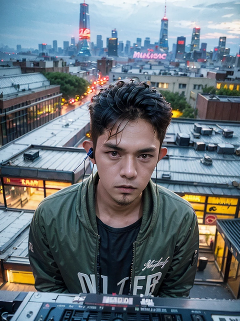 (masterpiece, best quality:1.2), 1man, solo, dj on the rooftop, playing music, detailed face, hyper realistic skin, detailed hands, intricate clothing, neon lights, city skyline background, cinematic lighting, moody colors, dramatic shadows, ultra-detailed, realistic, photorealistic