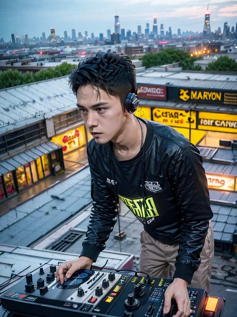 (masterpiece, best quality:1.2), 1man, solo, dj on the rooftop, playing music, detailed face, hyper realistic skin, detailed hands, intricate clothing, neon lights, city skyline background, cinematic lighting, moody colors, dramatic shadows, ultra-detailed, realistic, photorealistic