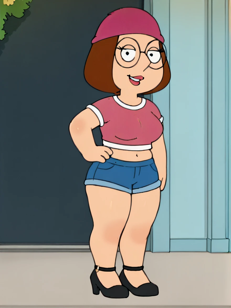 meg, brown hair, 1girl, glasses, solo, short hair, flat color, blue short shorts, beanie, pink crop-top,standing, hand on own hip, looking at viewer, smile, extra large breasts, thick thighs, thin waist, high heels