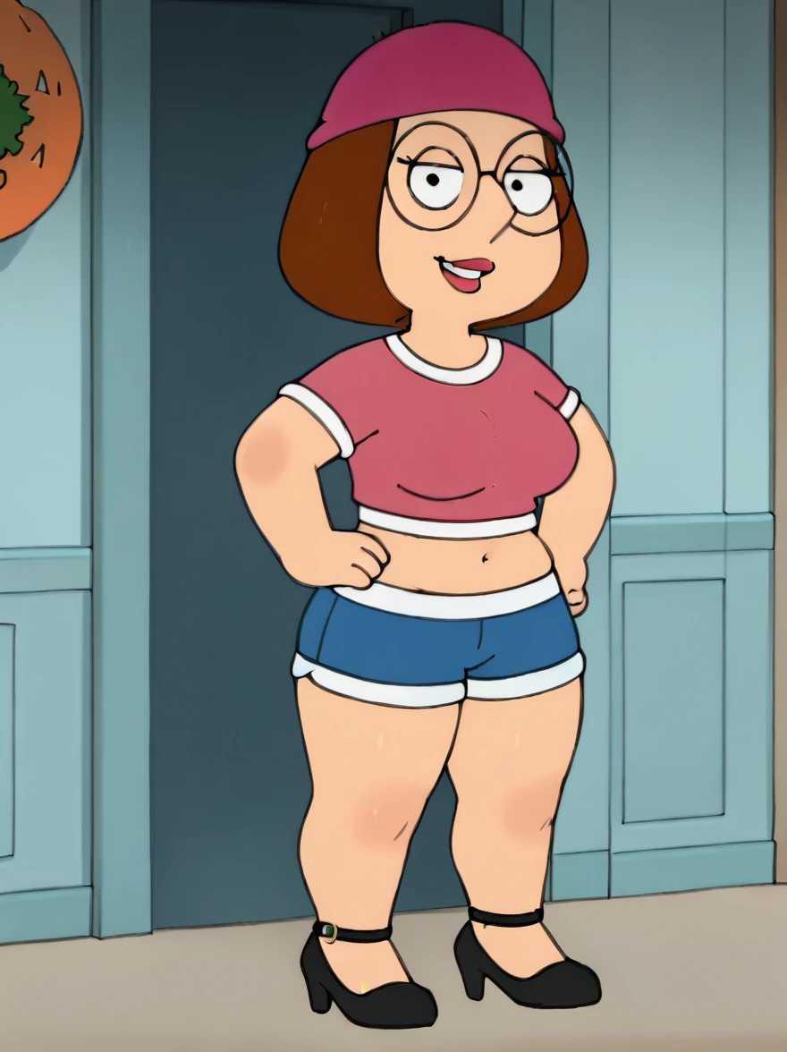 meg, brown hair, 1girl, glasses, solo, short hair, flat color, blue short shorts, beanie, pink crop-top,standing, hand on own hip,  looking at viewer, smile, extra large breasts, thick thighs, thin waist, high heels