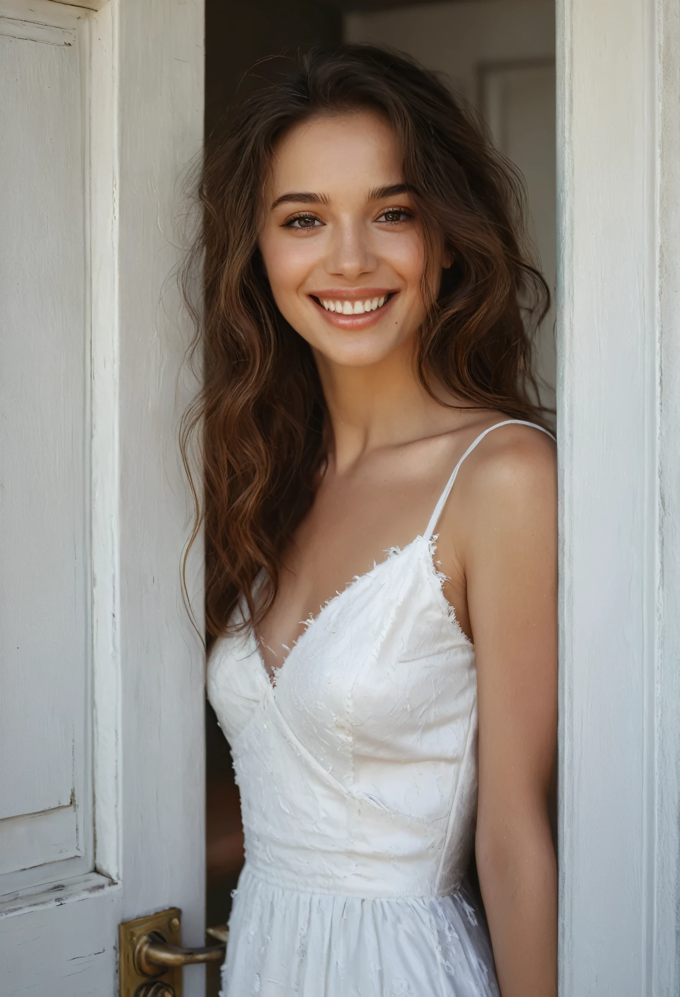 a young woman smiling in a white dress by a door frame, in the style of yigal ozeri, 32k uhd, karol bak, intense close-ups, frayed, wavy, idealized beauty --ar 36:55 --stylize 750 --v 6