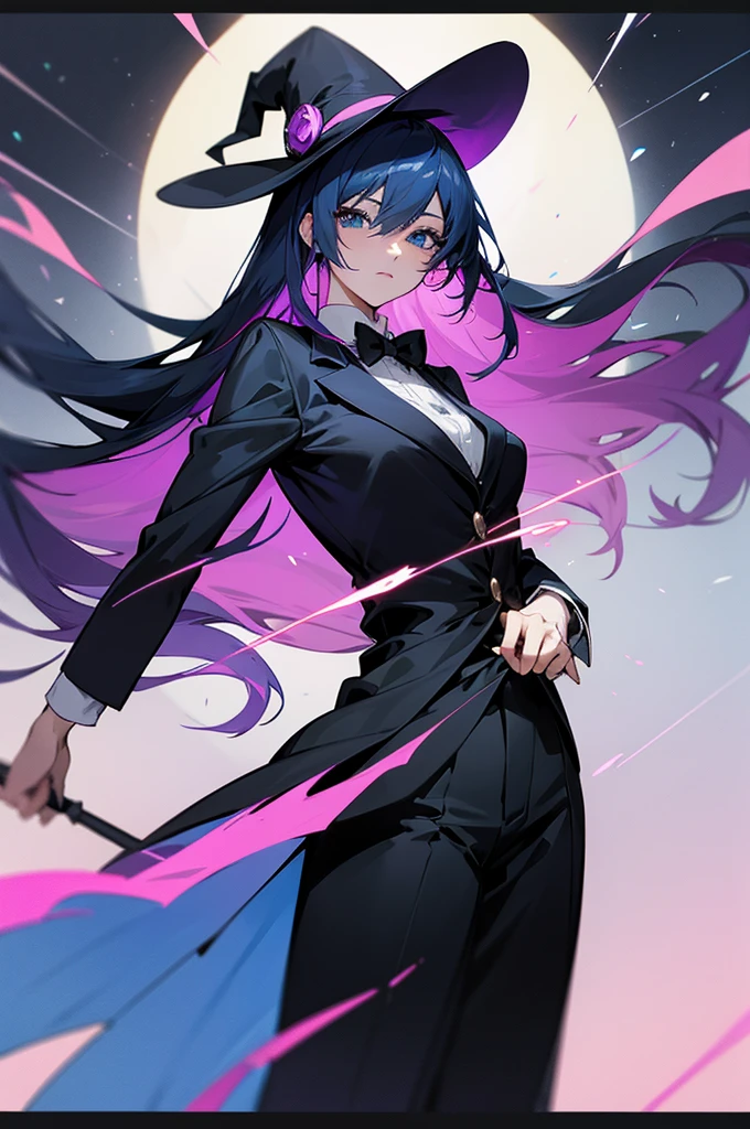 Anime character dressed in tuxedo and top hat with a magic wand, female magician, long blue hair, marin kitagawa fanart, anime moe artstyle, magie, black - haired mage, offcial art do personagem, magic uniform, KDA, full portrait of elementalist, trigger anime artstyle, flirty anime witch casting magic, offcial art, beautiful celestial mage, zerochan art