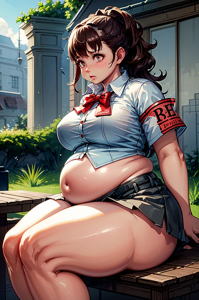 (masterpiece, best quality, highres, absurdres), 1girl, big belly, chubby arms, thighs, art by kipteitei, uniform, brown hair, black knee high skirt, white button up shirt, bow, armband, digital media player, headphones, chubby, embarrassed, flushed, sitting down with legs together, poking belly, shirt buttons popping