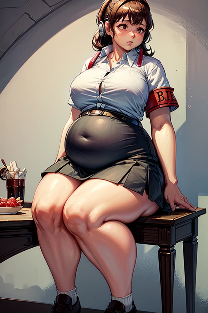 (masterpiece, best quality, highres, absurdres), 1girl, big belly, chubby arms, thighs, art by kipteitei, uniform, brown hair, black knee high skirt, white button up shirt, bow, armband, digital media player, headphones, chubby, embarrassed, flushed, sitting down with legs together, poking belly, shirt buttons popping