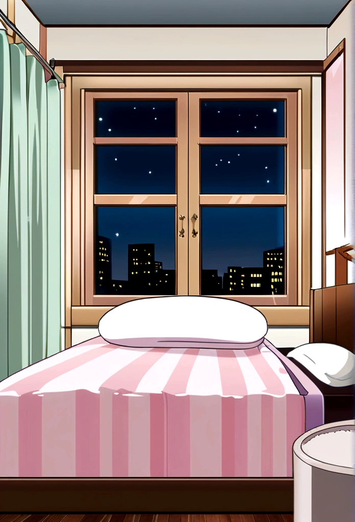Create a feminine bedroom scene with a bed and towels., window, night, anime style, Vector graphics, cartoon