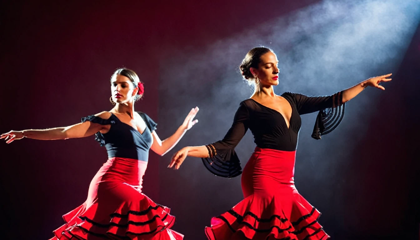 a beautiful flamenco dancer female dancing in black dress in the center of the picture. On both sides standing one - one musician: a flamenco guitarist and a jazz trumpet musician. Full body, shot, red background, real human hands with five fingers, real human skin, detailed facial features, sharp focus, depth of field, fashion photography, contrast lighting, studio lighting, cinematic lighting, volumetric lighting, raw, uhd, hdr, 4k, 35mm film