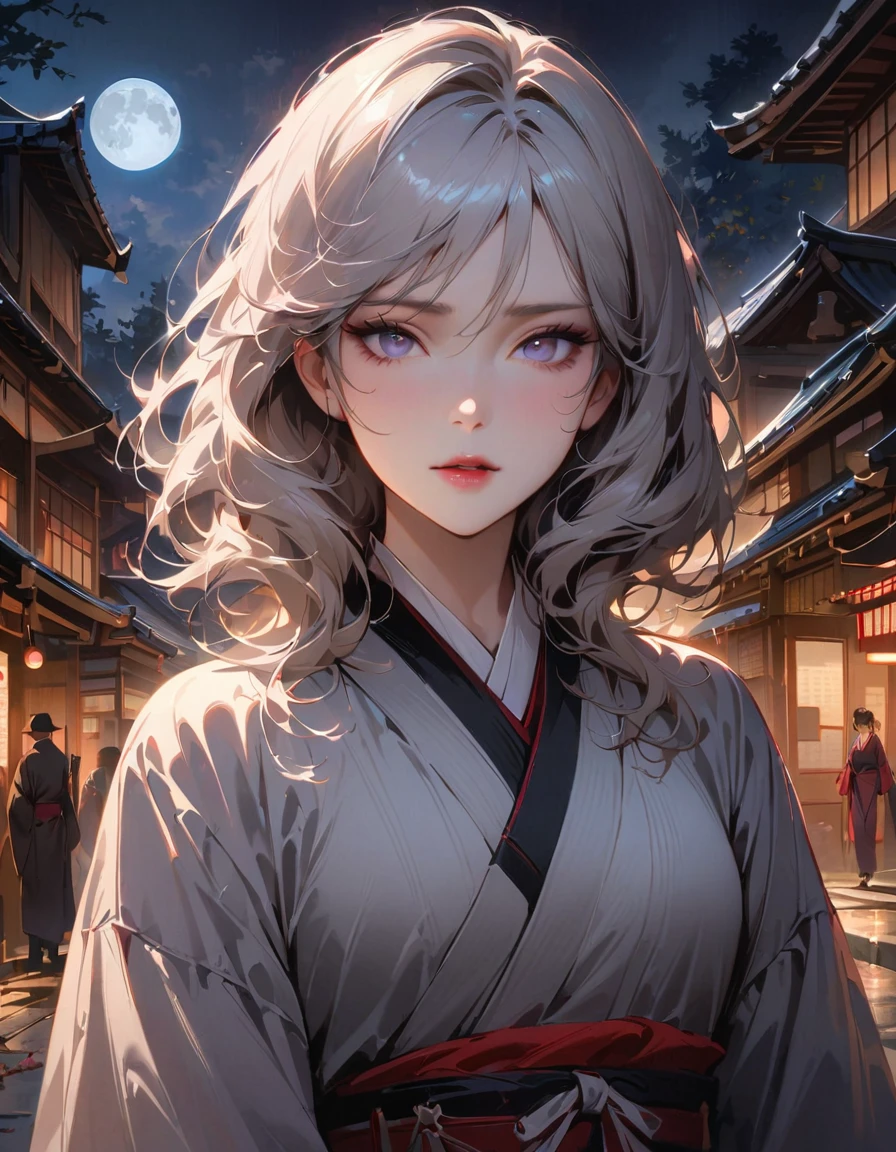 (masterpiece, Best quality) detailed,realistic,night, full moon, young woman, Japanese style, Japanese village, cold expression, expressive face, white-silver hair, mesmerizing eyes,Peace of mind, intellectual, elegant pose,unearthly beauty,Three belts, gray pupils, murderer, Short knife, Walking through streetscapes