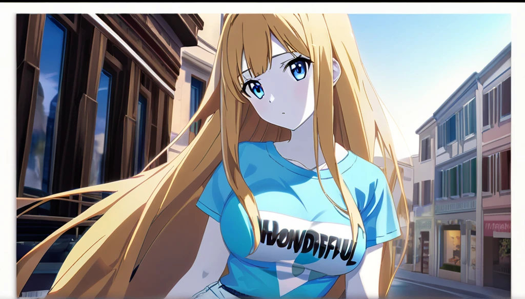 ((Anime Infinite Stratus Art, 8k, ultra full high definition, epic quality, epic texture)). The theme is mysterious. The setting is a street in Rome, it's summer, it's daytime, there are some shops, there are people passing by the scene. The focus is a girl, her name is Yukiko, 13 years old, very short stature, very messy blonde hair(long:2.8) with bangs, ice blue eyes, wonderful face, she has pale white skin, shapely body, narrow chest, large and round breasts, thin waist, narrow hips, big and perky butt, she's wearing denim shorts(short:1.5) and a low-cut flowery t-shirt(short:1.5), she's naive and sensual, she's strolling through the scene. The climate is calm and serene.