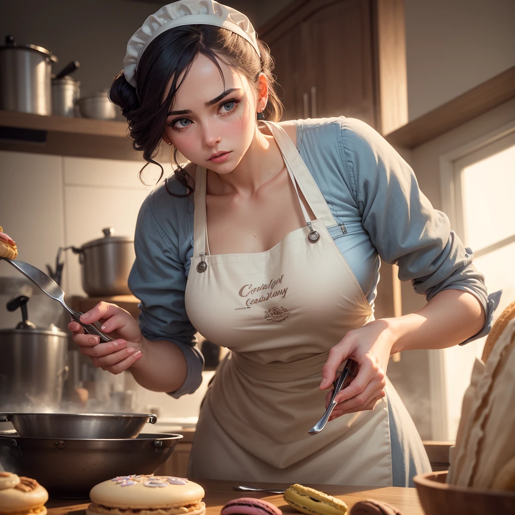 A young female pastry chef, detailed facial features, beautiful eyes and lips, long eyelashes, determined expression, apron, cooking utensils, kitchen setting, colorful macarons, silver sugar sculptures, competition setting, Lewiston backdrop, somber mood from recent loss, perseverance and resilience, photorealistic, 8k, highly detailed, dramatic lighting, warm color palette