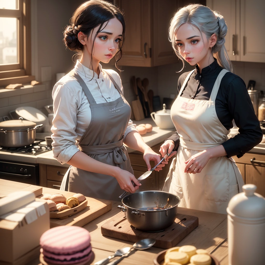 A young female pastry chef, detailed facial features, beautiful eyes and lips, long eyelashes, determined expression, apron, cooking utensils, kitchen setting, colorful macarons, silver sugar sculptures, competition setting, Lewiston backdrop, somber mood from recent loss, perseverance and resilience, photorealistic, 8k, highly detailed, dramatic lighting, warm color palette