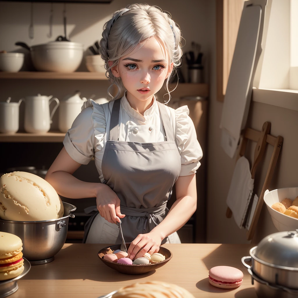 A young female pastry chef, detailed facial features, beautiful eyes and lips, long eyelashes, determined expression, apron, cooking utensils, kitchen setting, colorful macarons, silver sugar sculptures, competition setting, Lewiston backdrop, somber mood from recent loss, perseverance and resilience, photorealistic, 8k, highly detailed, dramatic lighting, warm color palette