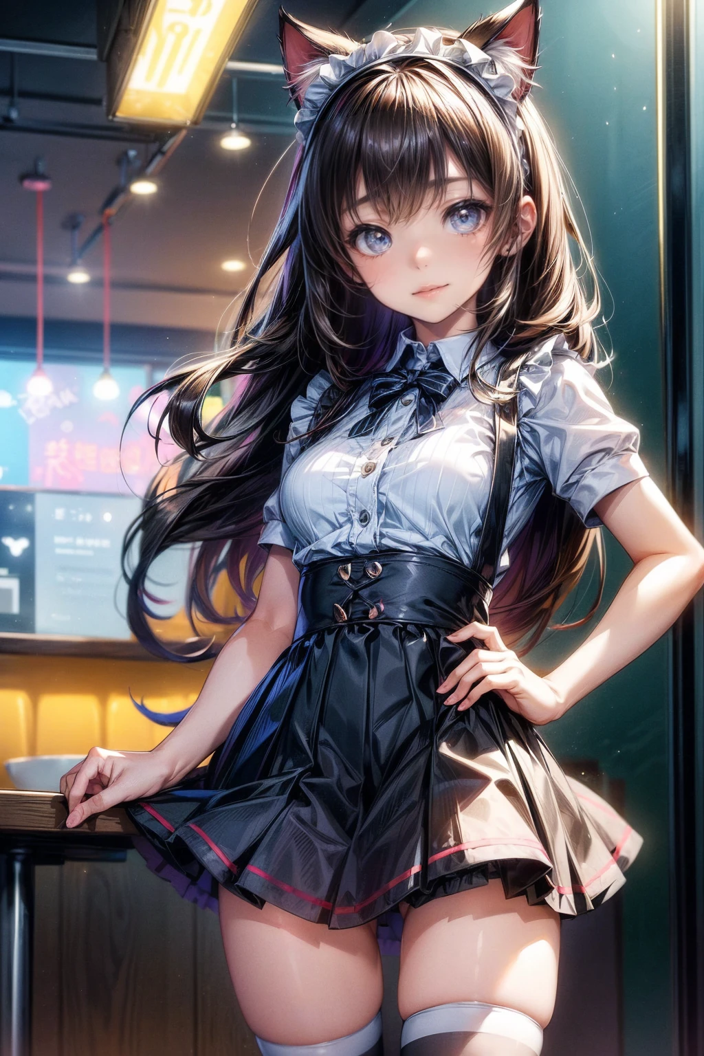 One Girl、Cat ears headband、Cat tail、Maid、Short skirt、Thigh-high socks、Striped pants、Highest quality、8K、Beautiful Face、Mischievous smile、Lift your skirt to show your underwear、Wink、View Viewer、Bright cafe