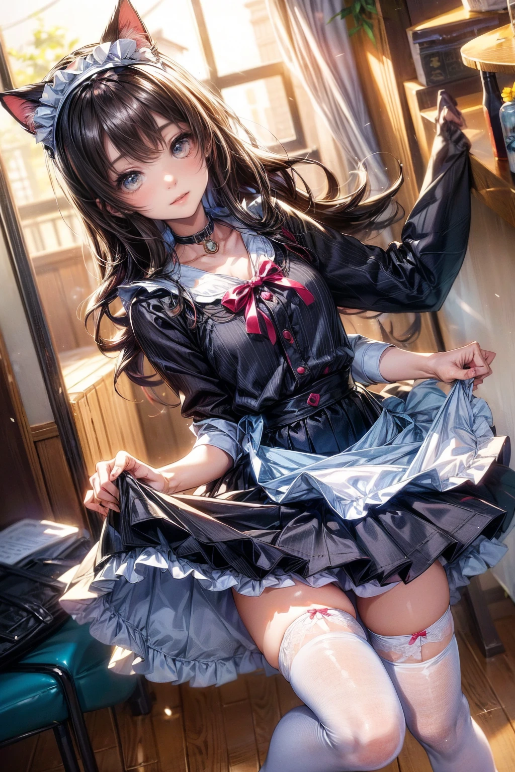 One Girl、Cat ears headband、Cat tail、Maid、Short skirt、Thigh-high socks、Striped pants、Highest quality、8K、Beautiful Face、Mischievous smile、Lift your skirt to show your underwear、Wink、View Viewer、Bright cafe