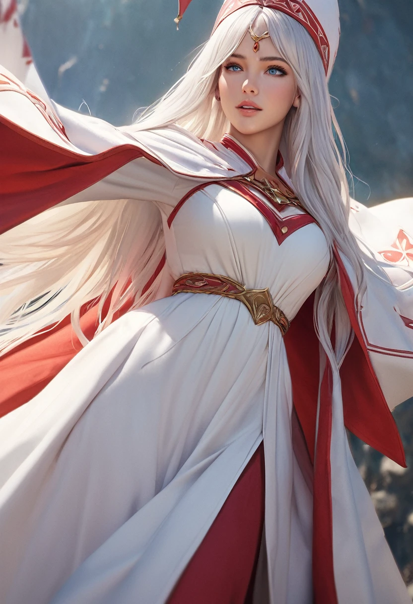 (best quality,4k,8k,highres,masterpiece:1.2), ultra-detailed, (realistic,photorealistic,photo-realistic:1.37),((Highly detailed CG Unity 8k wallpaper)), masterpiece, Super detailed, floating, High resolution, Sexually suggestive, (small, Extremely long white hair, Princess, White Mage, blue eyes, (It has long, wide sleeves and intricate embroidery. A gorgeous layered long dress in white and red with a sheer look), Bridal Veil, Circlet, Bridal Gauntlet, Blushing, shy, arched back, Frilled petticoat, Glamorous corset,