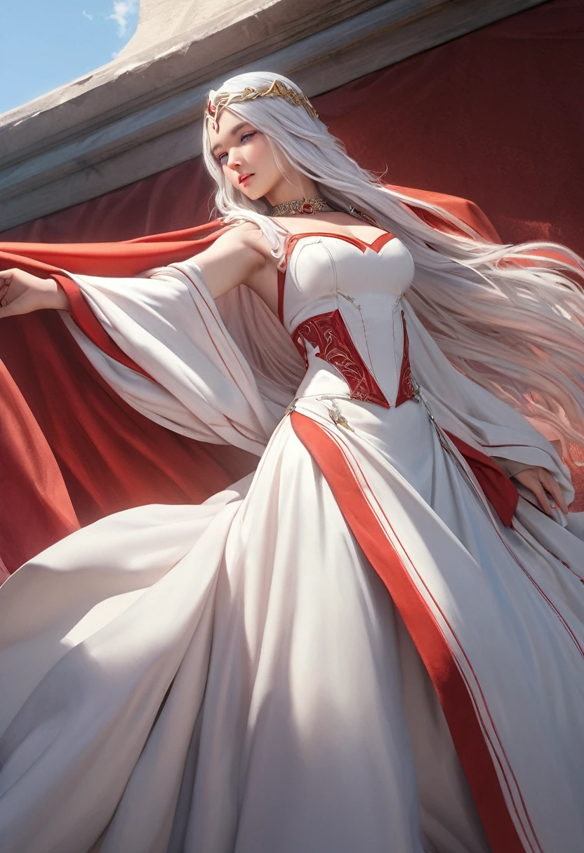 (best quality,4k,8k,highres,masterpiece:1.2), ultra-detailed, (realistic,photorealistic,photo-realistic:1.37),((Highly detailed CG Unity 8k wallpaper)), masterpiece, Super detailed, floating, High resolution, Sexually suggestive, (small, Extremely long white hair, Princess, White Mage, blue eyes, (It has long, wide sleeves and intricate embroidery. A gorgeous layered long dress in white and red with a sheer look), Bridal Veil, Circlet, Bridal Gauntlet, Blushing, shy, arched back, Frilled petticoat, Glamorous corset,