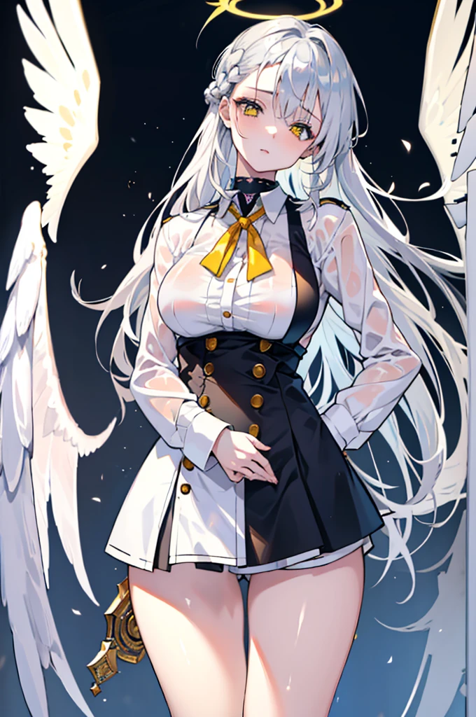 1girl, Silver hair, yellow eye, single braided hair, wet white collar shirt, no pants, big ,very sexy, hot, beautiful, pretty, lustful, arm crossed, transparent clothes, doing sexy poses, halo, angel wings, personality: ((a girl that is very gentle and confident and cue))