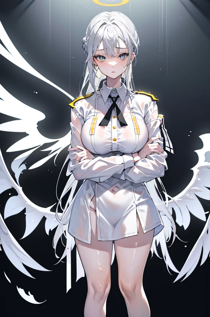 1girl, Silver hair, yellow eye, single braided hair, wet white collar shirt, no pants, big ,very sexy, hot, beautiful, pretty, lustful, arm crossed, transparent clothes, doing sexy poses, halo, angel wings, personality: ((a girl that is very gentle and confident and cue))
