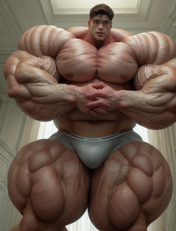 1boy, giant, alone, giant bodybuilder, wet, illuminating light, strong body, bulk, large size, armpit, standing, in the white room, indoor, wear gray triangular underwear, massive bulge, bulge, extraordinary big, brutalmass, giant muscular body, bulk, buff, massive body, large meaty body size, extremely wide body,