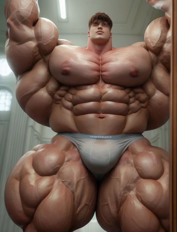 1boy, giant, alone, giant bodybuilder, wet, illuminating light, strong body, bulk, large size, armpit, standing, in the white room, indoor, wear gray triangular underwear, massive bulge, bulge, extraordinary big, brutalmass, giant muscular body, bulk, buff, massive body, large meaty body size, extremely wide body,