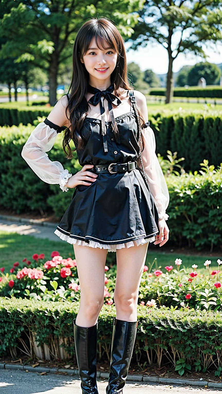 (8K、RAW Photos、Highest quality、masterpiece:1.2)、(Realistic、Realistic)、1 Girl、((mini skirt、smile、black、Thin legs、whole body、boots、Clothes with ribbons、Anime Costumes、Chest ribbon、Off the shoulder、See-through、Frills、garden、View from the front、Ribbon on chest、Looking into the camera、belt、Stand with hands on hips))、