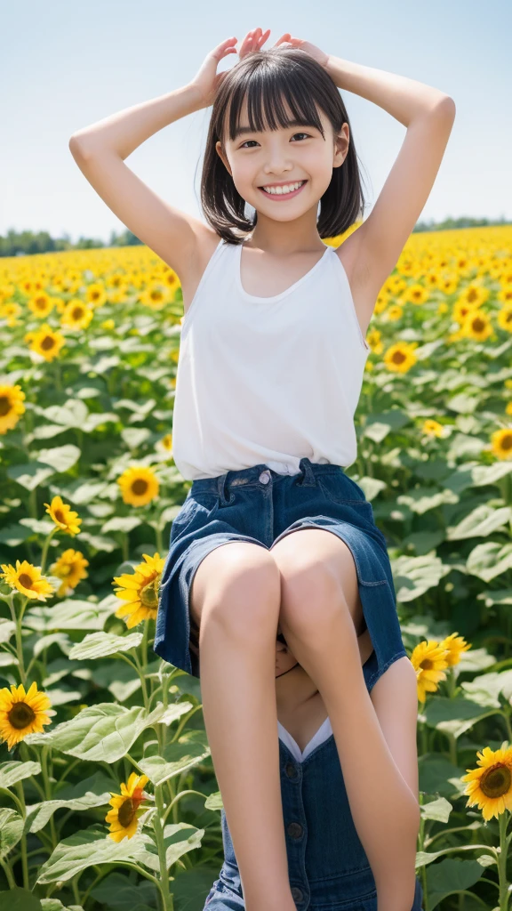 8K、 beautiful girl、A sparkling e、Arms raised to show armpits、A darK-haired、detailed beautiful faces、very short pants, Sunflower field、Very strong wind、Decolletage、Sit on the buttocks