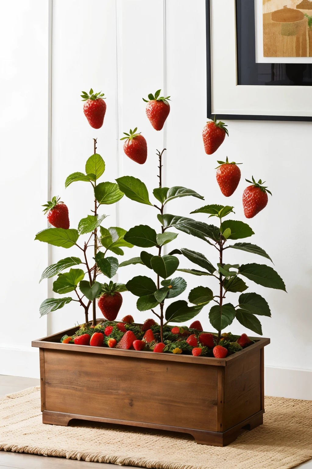 strawberry garden, with medium rectangular pot type, not very high wooden elegant and aesthetic,
