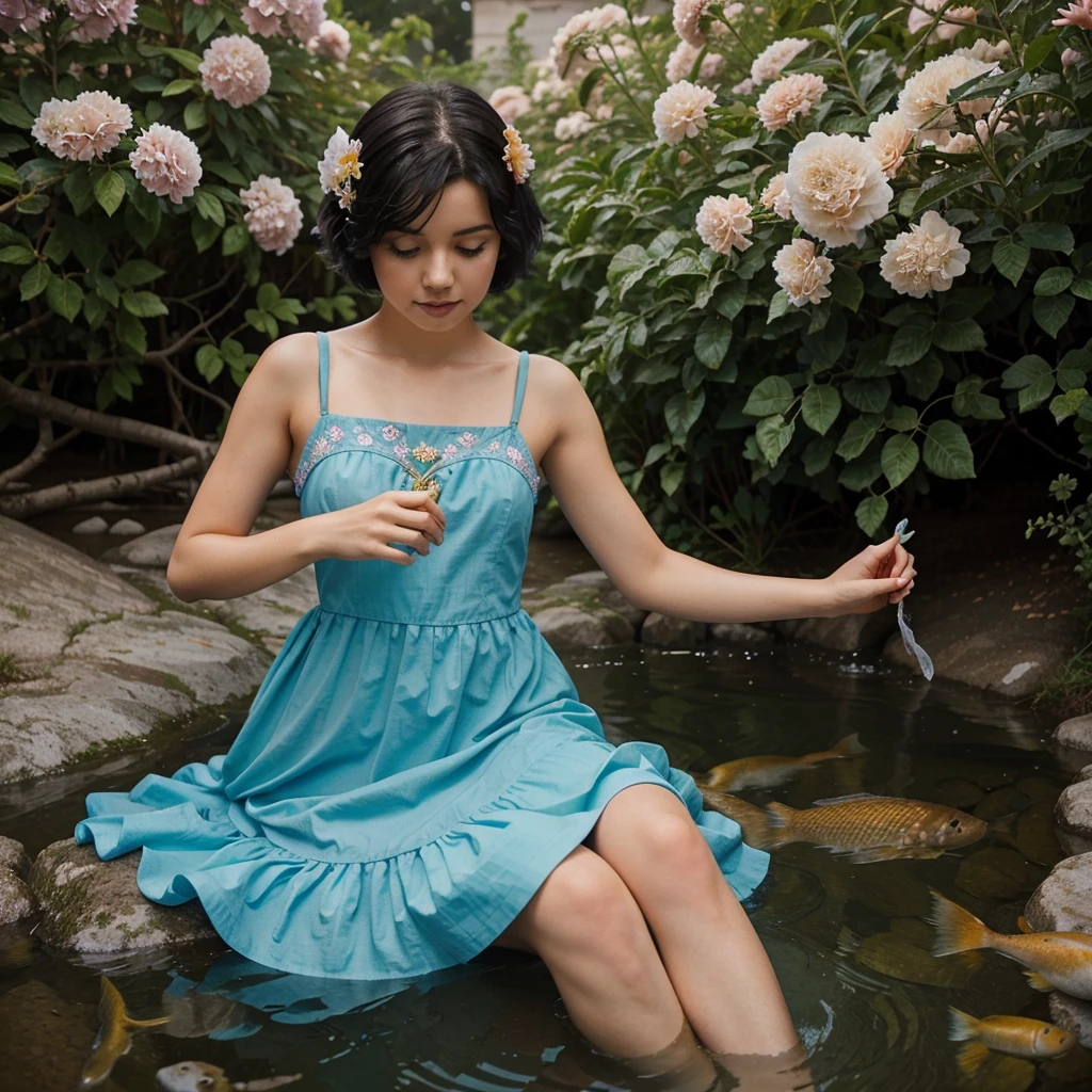 create an image, of a girl with short black hair playing with flowers and fish, something magical and deep, with a semi royal style, magical and fun atmosphere, happy girl in a beautiful dress