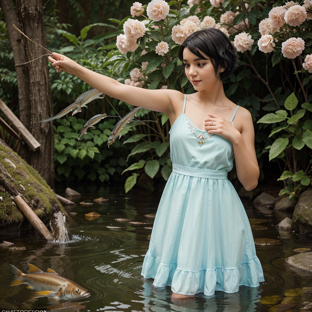 create an image, of a girl with short black hair playing with flowers and fish, something magical and deep, with a semi royal style, magical and fun atmosphere, happy girl in a beautiful dress 
