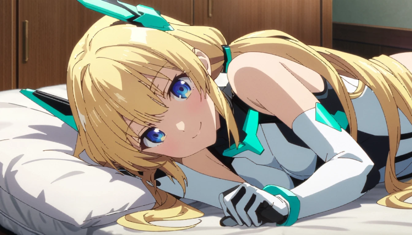 score_9, score_8_up, score_7_up, source_anime, absurdres, bedroom, frll body, 1girl, solo, angelabalzac, blonde hair, blue eyes, deva battle suit, thighs, bare shoulder, elbow gloves, headgear, long hair, low twintails, twintails, very long hair, smile, lying, on side, looking at viewer, masterpiece, best quality, very aesthetic, anime screencap, highly detailed, 8k, 