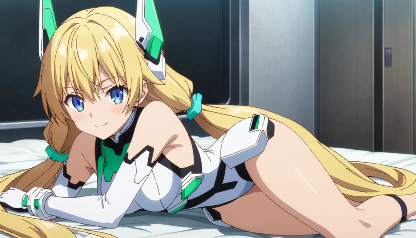 score_9, score_8_up, score_7_up, source_anime, absurdres, bedroom, frll body, 1girl, solo, angelabalzac, blonde hair, blue eyes, deva battle suit, thighs, bare shoulder, elbow gloves, headgear, long hair, low twintails, twintails, very long hair, smile, lying, on side, looking at viewer, masterpiece, best quality, very aesthetic, anime screencap, highly detailed, 8k, 