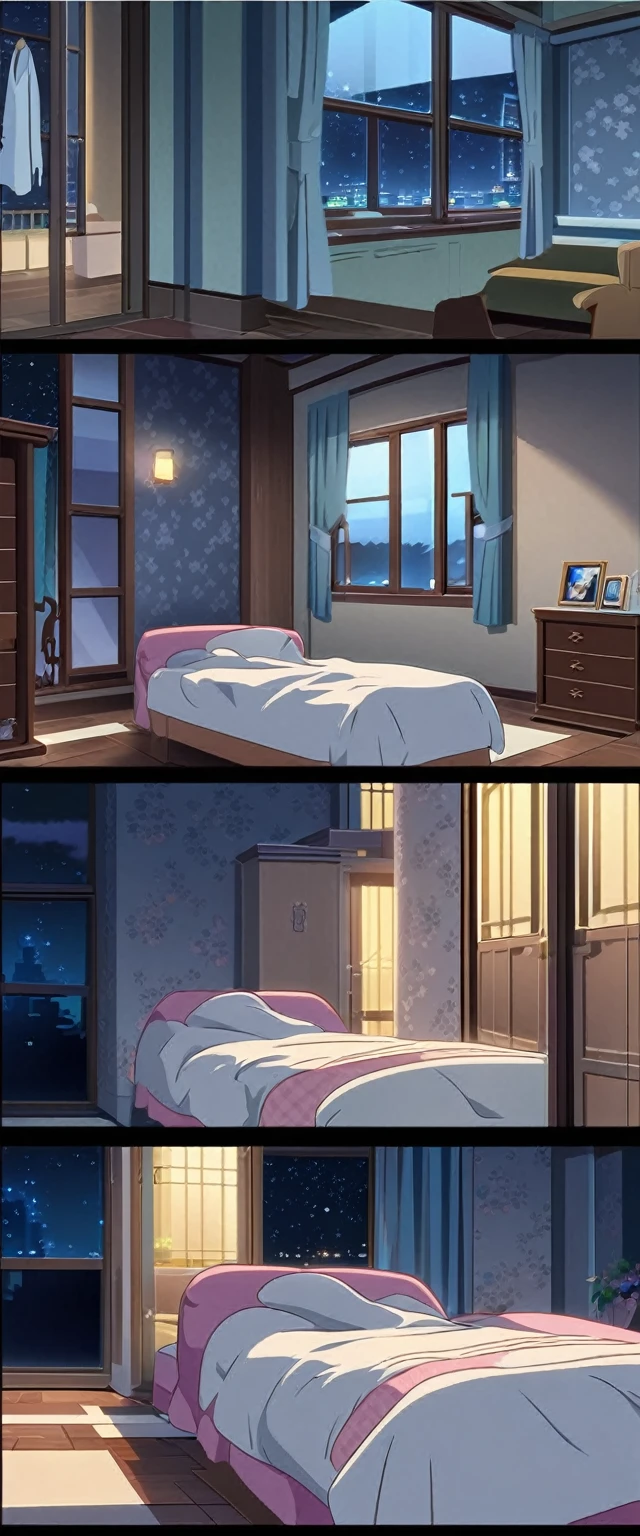 Create a feminine bedroom scene with a bed and towels., window, night, anime style, Vector graphics, cartoon