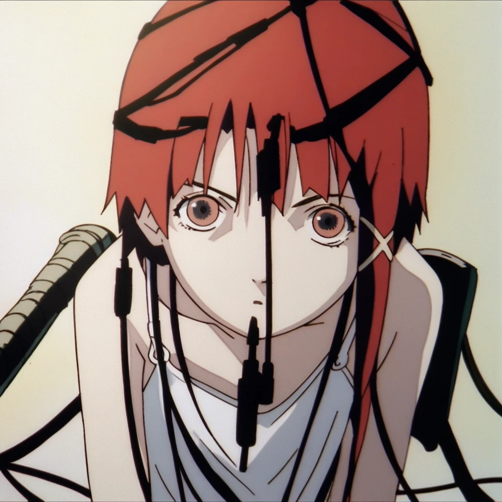 score_9, score_8_up, score_7_up, score_6_up, score_5_up, score_4_up, source_anime, rating_safe, Lain, 1girl, solo, anime screencap, looking at viewer, red eyes, red hair, cable, white camisole, dark room, all fours,
